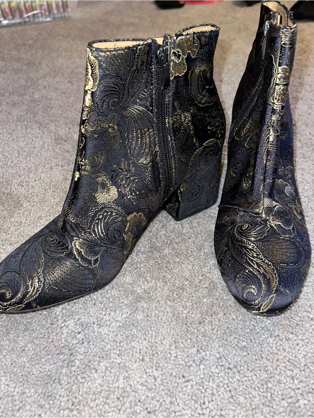 Franco Sarto Black & Gold Brocade Ankle Booties - Picture 2 of 5